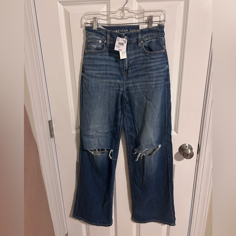 American Eagle Outfitters Women's Blue Ripped-Super High-Rise Baggy Wide Legg